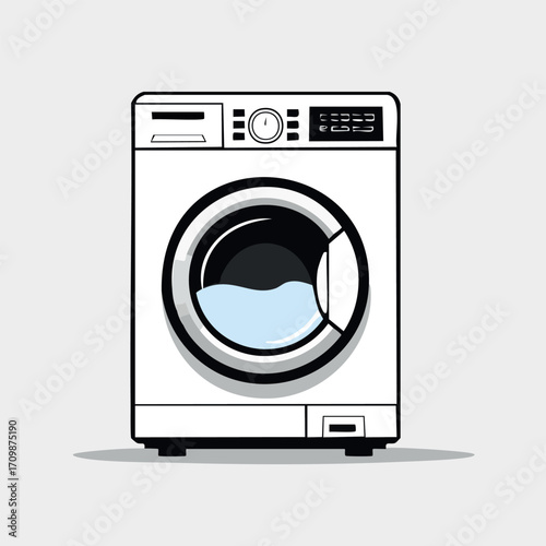 Front view of a white washing machine with a glass door, partially filled with blue water, against a light gray background.