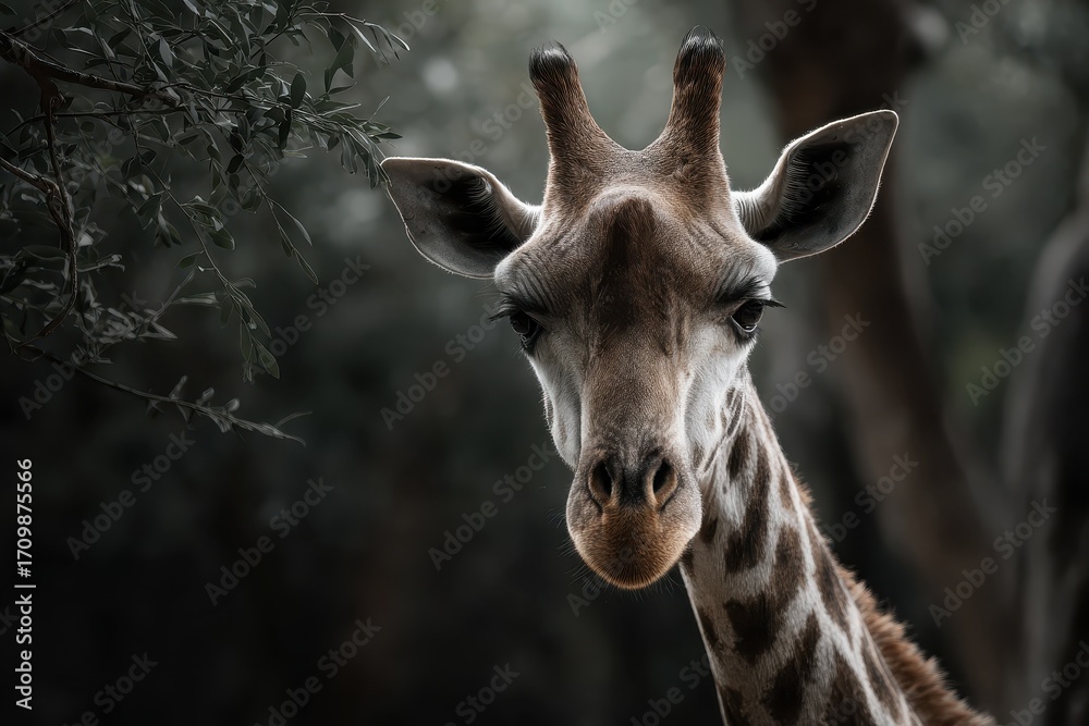 Fototapeta premium Giraffe standing gracefully in a lush greenery background showcasing its distinct features and vibrant colors during a sunny afternoon in Africa