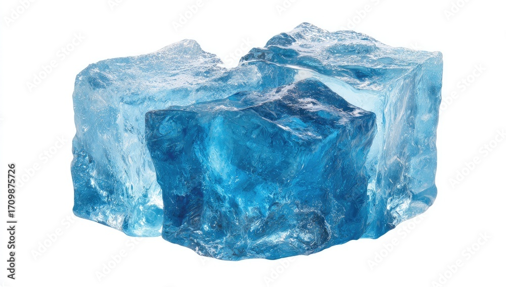 Obraz premium Three vibrant, translucent blue ice cubes
