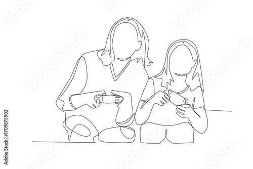 Mother and daughter playing games. Family game night concept one-line drawing