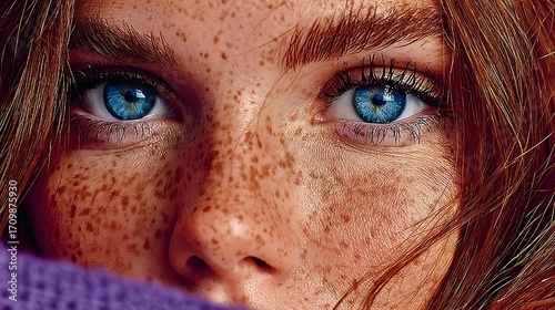a close up shot focuses on the upper part of a person's face, emphasizing the eyes and skin. the individual has light colored eyes, contrasted by hair in a red shade