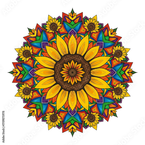 Vibrant sunflower mandala with colorful geometric patterns, isolated on transparent background
