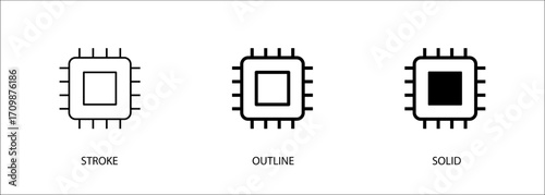 Chip icons for technology, cpu, computer, phone. Vector stroke, outline and solid icons. Eps10 file.