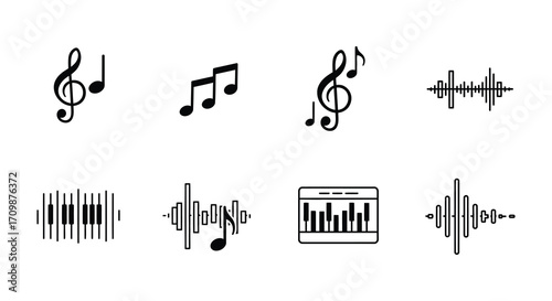 Variety of musical notes and audio wave symbols displayed in black and white