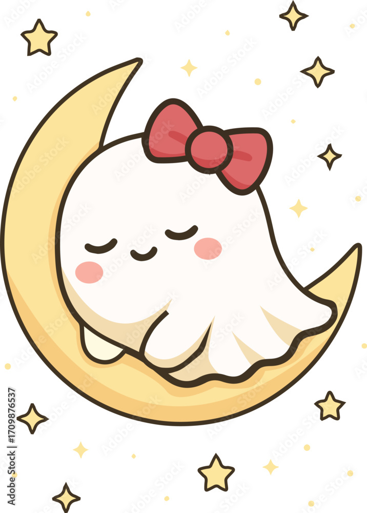 Fototapeta premium Cute Ghost Sleeping on Moon Illustration
