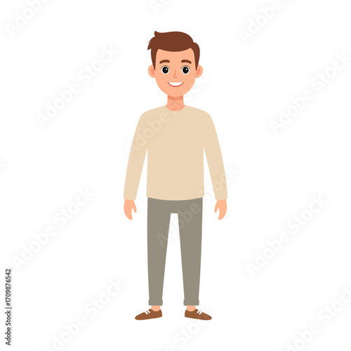 Vector illustration of a young man character in a flat design style. Friendly cartoon person in casual clothes standing full length, isolated on white