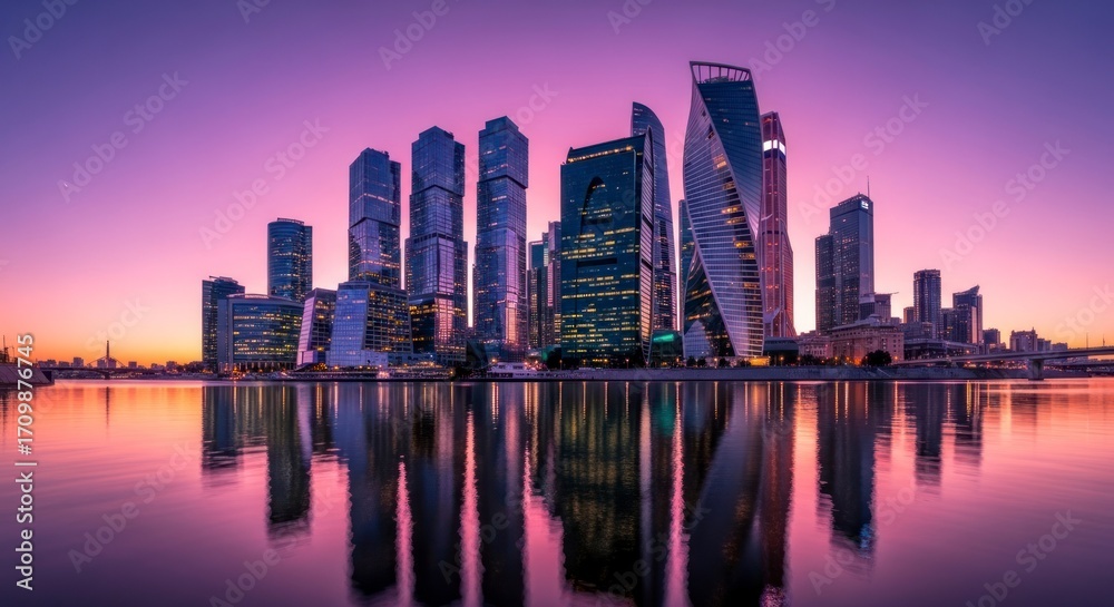 Naklejka premium Dreamy Purple Twilight Over Dubais Perfectly Mirrored Modern Skyline.