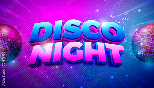 Music Party Celebration Illustration with Shiny Disco Ball and 3d Disco Night Text Label on Shiny Blue and Pink Fluorescent Background. Vector Celebration Design for Banner, Flyer, Greeting Card