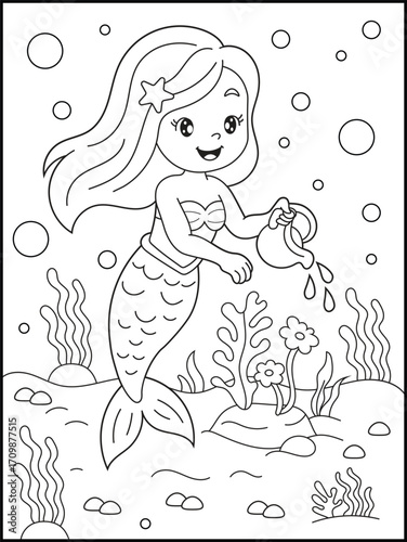 Cute Mermaid Watering Ocean Flowers Coloring Page for children. Underwater Fantasy Illustration for Kids.