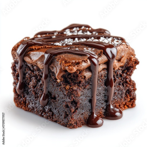 Close-up of a rich chocolate brownie, drizzled with melted chocolate and sprinkled with sea salt