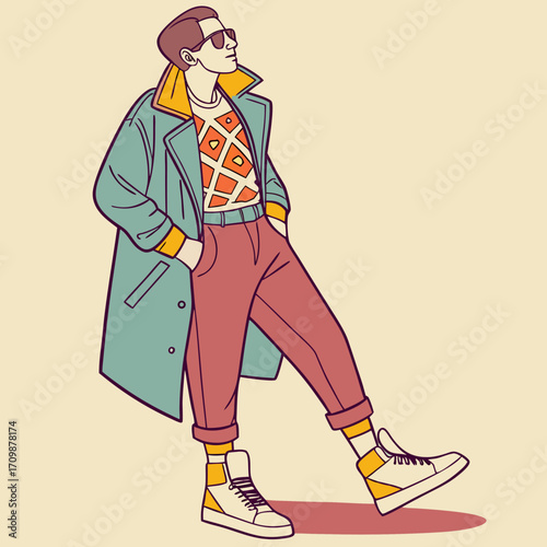 Man with eighties urban style — oversized denim jacket, printed t-shirt, large sunglasses and high-top sneakers.