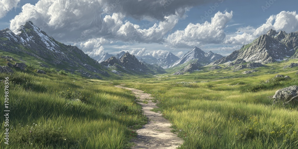 Obraz premium Mountain valley meadow path under a cloudy sky