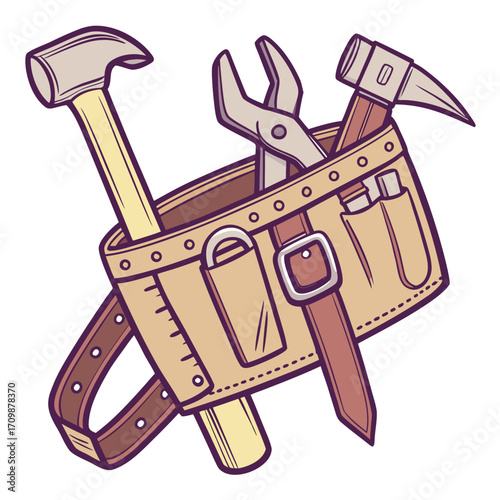A vintage leather tool belt with a wooden handled hammer and a sharp metal blade