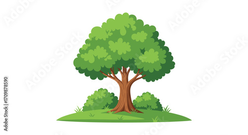 A lush green tree with a thick trunk stands tall in a grassy meadow surrounded by bushes.