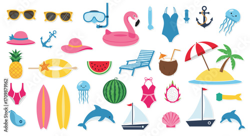A vibrant collection of pixelated summer vacation icons showcasing beach and ocean activities.
