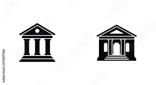 Simple black and white icons depicting classical building facades