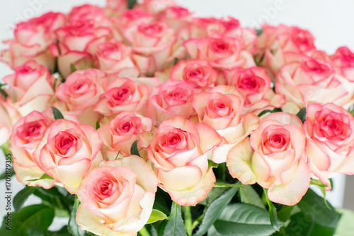 Elegant bouquet of pink and cream roses close up. Romantic floral background perfect for weddings, Valentine’s Day, anniversaries