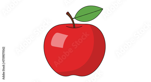 A vibrant red apple sits with a single green leaf attached to its stem, a healthy and delicious fruit.