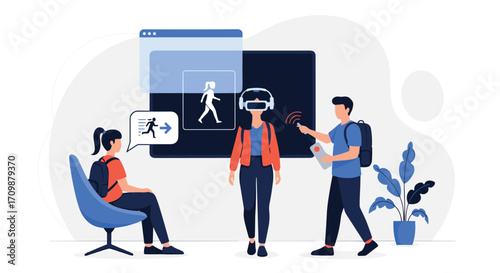 Team collaborating on innovative virtual reality project using futuristic immersive headsets and digital interfaces