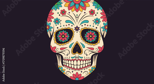 A colorful and intricately decorated sugar skull with floral patterns and vibrant colors on a dark background.