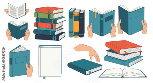 Collection of open and closed books being held and stacked in various arrangements.