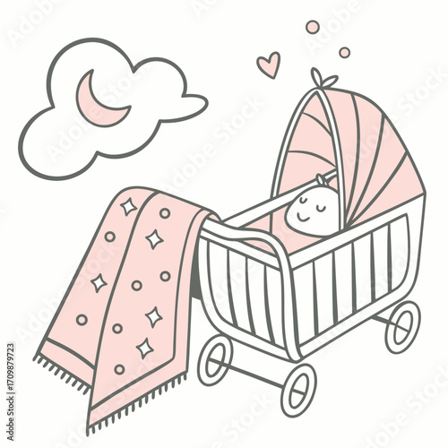 A sleeping newborn in a stroller, a cute cartoon illustration of a happy toddler