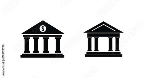 Two classical building icons with pillars a simple monochrome design