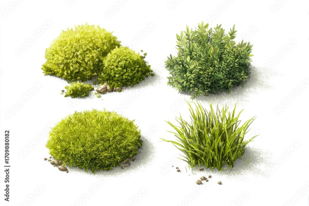 Fototapeta premium Four stylized, detailed illustrations of small, clumped plants. Each plant type is rendered separately, on a light beige surface. Slight shadowing and highlights add depth. 