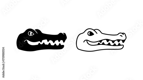 Alligator head outline and solid black illustration side by side.