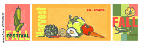 Harvest festival, autumn celebration. A set of three fully editable vector posters with vegetables on the theme of autumn festivals. Flat illustration.