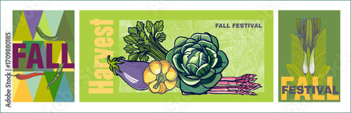 Harvest festival, autumn celebration. A set of three fully editable vector posters with vegetables on the theme of autumn festivals. Flat illustration.