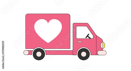 Pink delivery truck with a large white heart on its side for spreading love and joy during transportation services.
