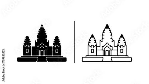 Angkor Wat temple icon set in solid glyph and outline style.