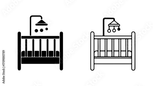 Baby Crib Icon Set in Solid and Outline Styles.