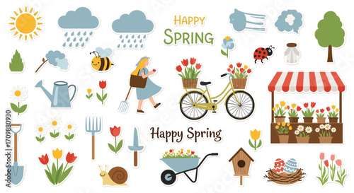 Illustration of happy spring elements and nature scenes with flowers and insects.