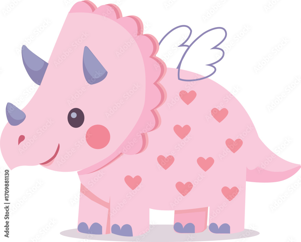 Naklejka premium Cute Pink Triceratops Dinosaur with Hearts and Wings