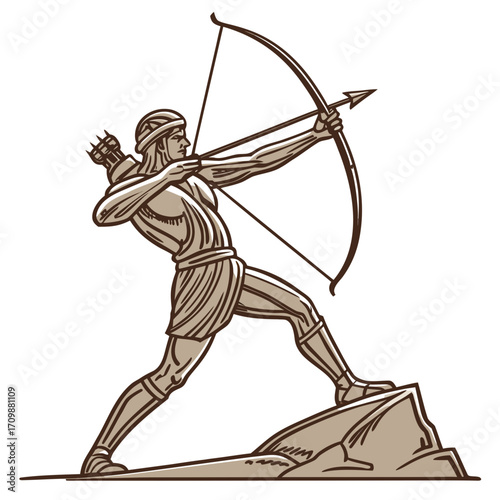 Illustration of a classical archer standing on a rock and aiming with a bow and arrow the archer is wearing a helmet and tunic, and the bow and arrow are drawn tight