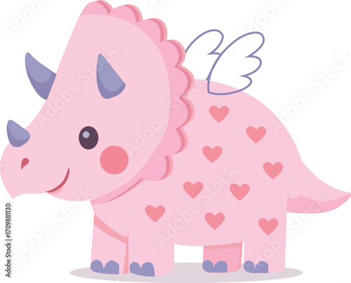 Cute Pink Triceratops Dinosaur with Hearts and Wings