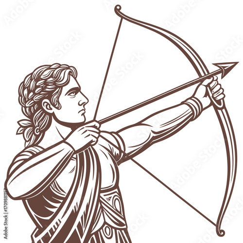 Illustration of a greek archer aiming with a bow and arrow, a symbol of skill, focus, and historical archery in ancient greece