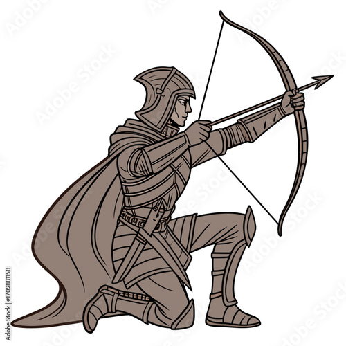 Illustration of a medieval archer in armor aiming with a bow and arrow, kneeling with a determined expression, showcasing the skill and precision of historical ranged combat