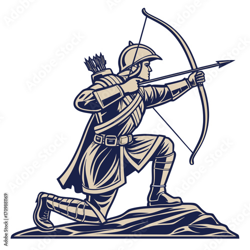 Illustration of a medieval archer aiming with bow and arrow the warrior is wearing a helmet and armor, and is kneeling on one knee, ready to strike