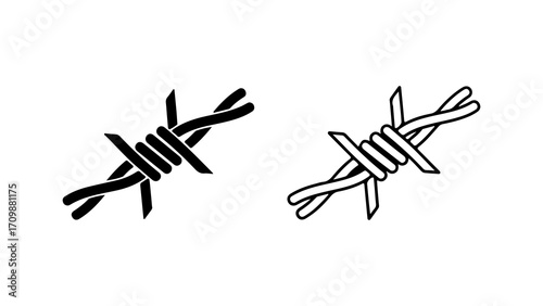 Barbed wire segment icon set in silhouette and outline style.