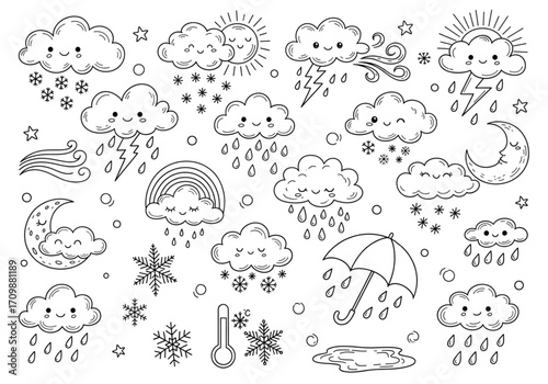 Cute cartoon weather icons coloring page. Kawaii clouds, sun, moon, rain, snow, wind, rainbow, umbrella, thermometer doodles.