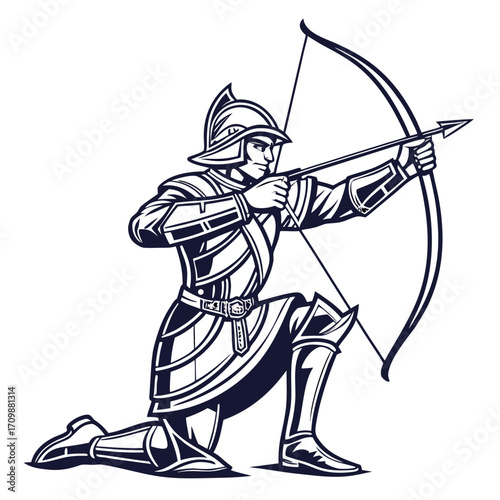 Illustration of a medieval archer kneeling and aiming with a bow and arrow, a symbol of historical warfare and skilled marksmanship