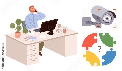 Office worker at desk on phone with computer and stationery. Adjacent camera represents security, puzzle pieces represent collaboration, strategy, and problem-solving. Ideal for workflow, teamwork