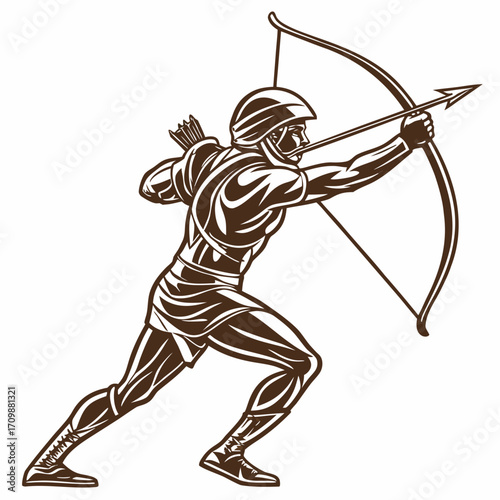 archer aiming bow and arrow, brown and white clip art preview