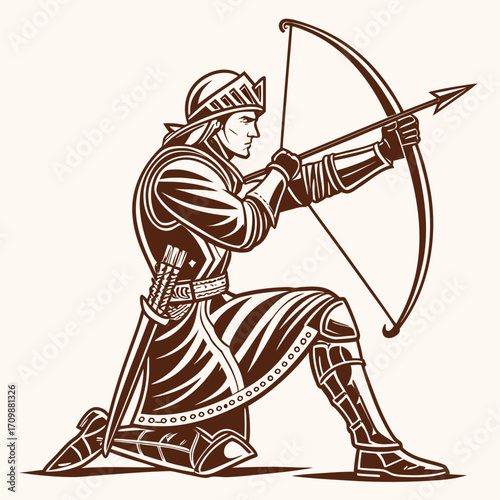 Illustration of a medieval archer kneeling and aiming his bow and arrow, he is wearing a helmet and armor, and has a sword at his side the archer is a skilled warrior