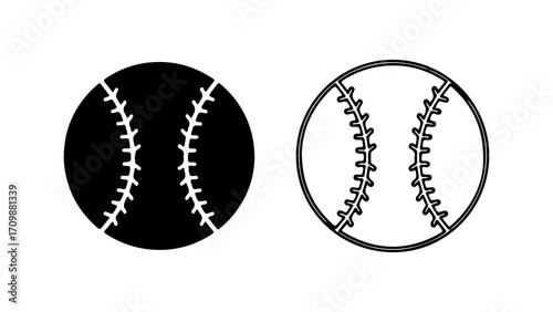 Baseball ball in black and white with stitching details.