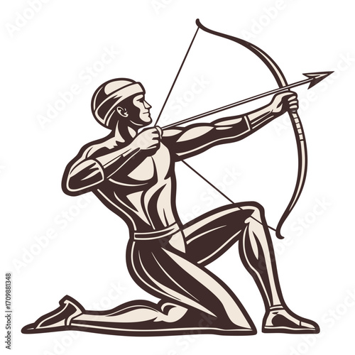 Illustration of a muscular archer aiming with a bow and arrow, kneeling with a focused expression, showcasing the strength and agility of a skilled marksman