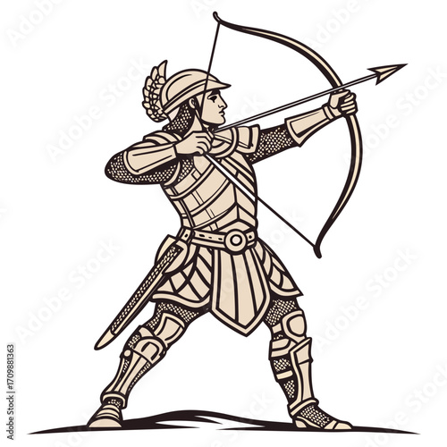 Illustration of a roman soldier archer aiming with bow and arrow the warrior is wearing a helmet and armor, and is standing in a heroic pose with determination